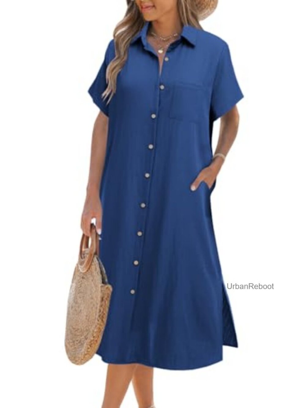 Women's Short Sleeve Button Down Shirt Dress Casual Summer Beach Cover Up with